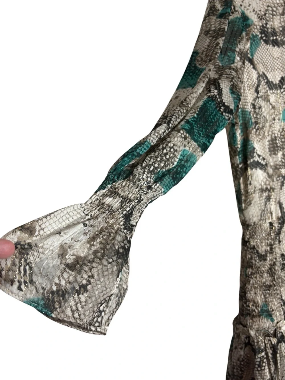 BUDDY LOVE Teal / Gray Ruffle ZoZo Snake-Print Long Sleeve Mini Dress MED NWT
